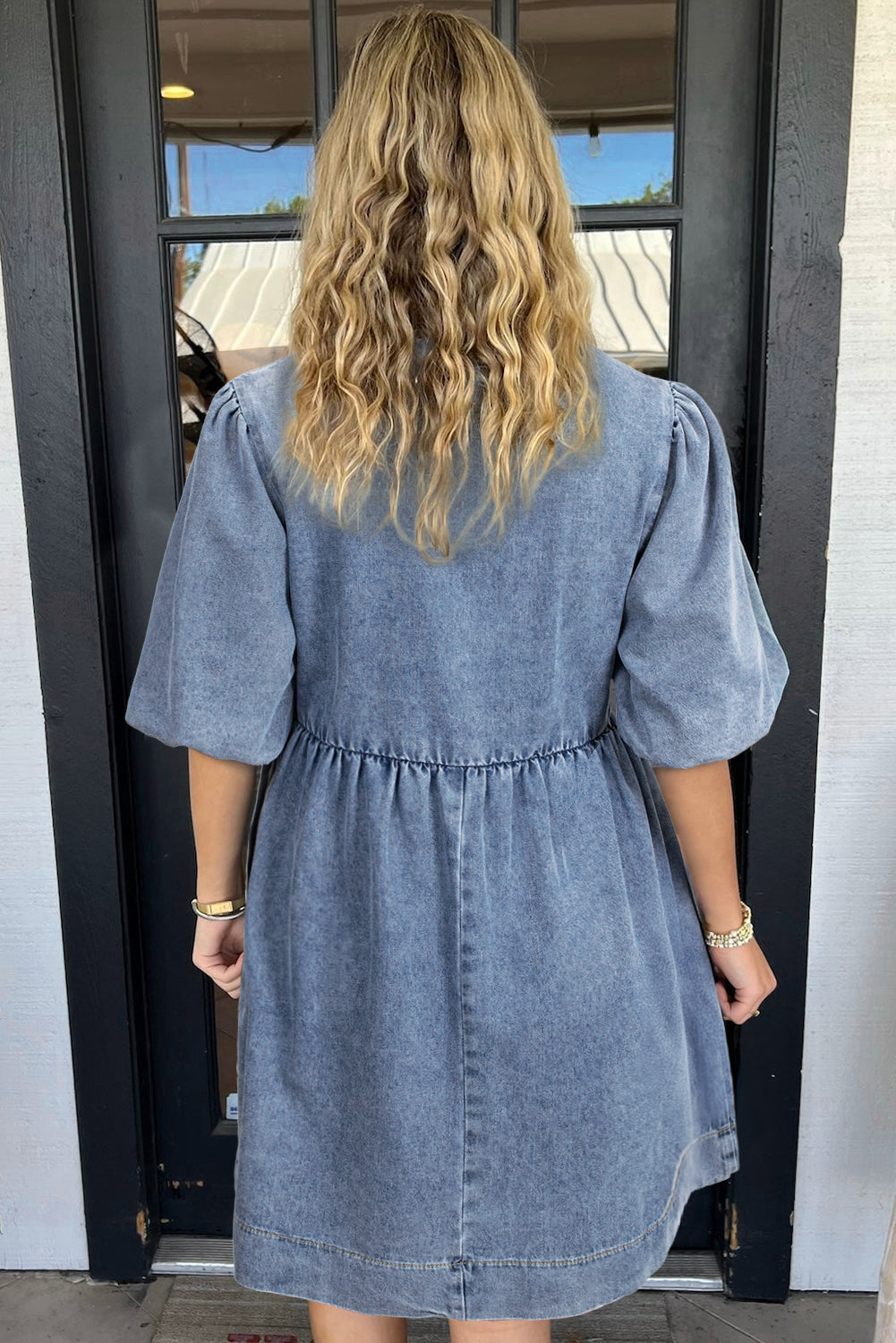 All Mine Bowknot Bubble Sleeve Short Denim Dress