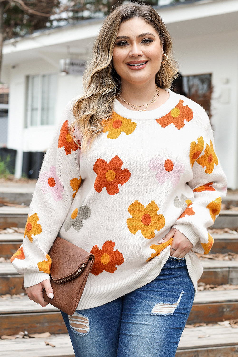 Flower Pattern Ribbed Trim Casual Sweater, 1XL-3XL