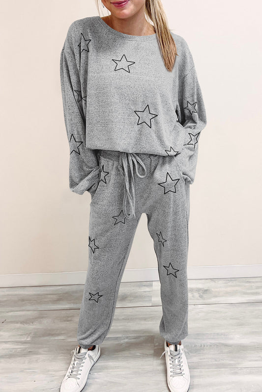 Gray Stars Print Long Sleeve Drawstring High Waist Lounge Set, S-XL