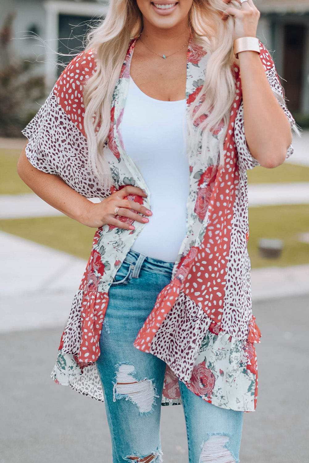 Wild Rose Floral Animal Print Kimono, S-L