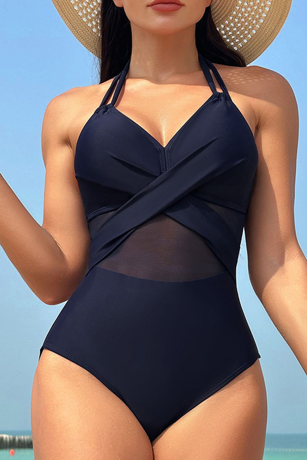 Halter Mesh Insert Cross Front One-Piece Swimsuit, S-2XL