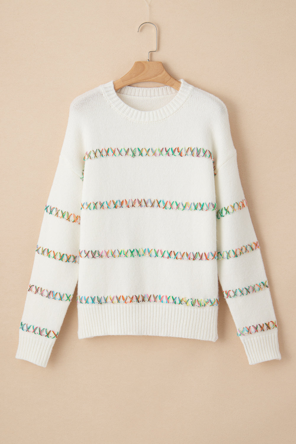 Colorful Crossed Stitch Drop Shoulder Sweater, S-2XL