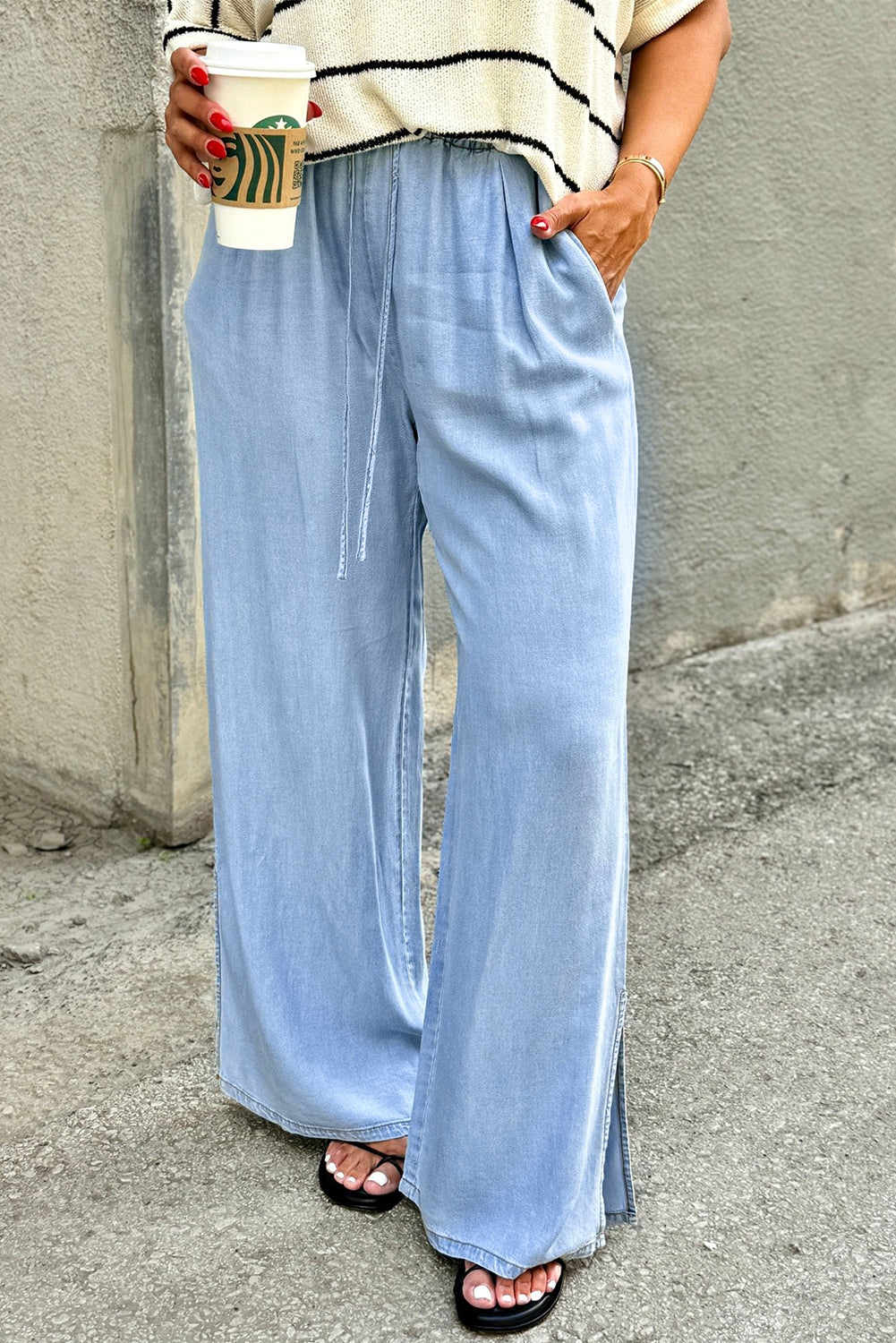 Beau Blue Casual Wide Slit Leg High Waist Loose Jeans