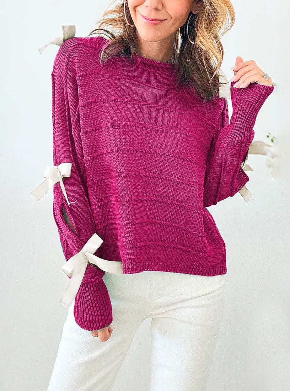 Bow Knot Cut Out Round Neck Loose Sweater, S-2XL