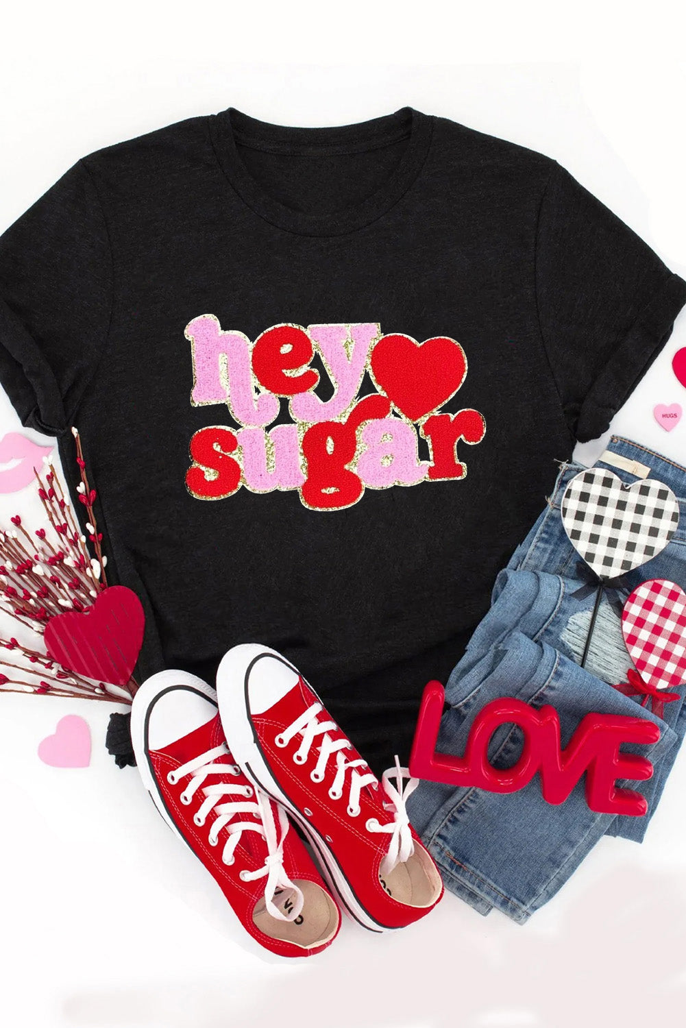 Hey Sugar Chenille Heart Patched Crewneck Valentines Tee