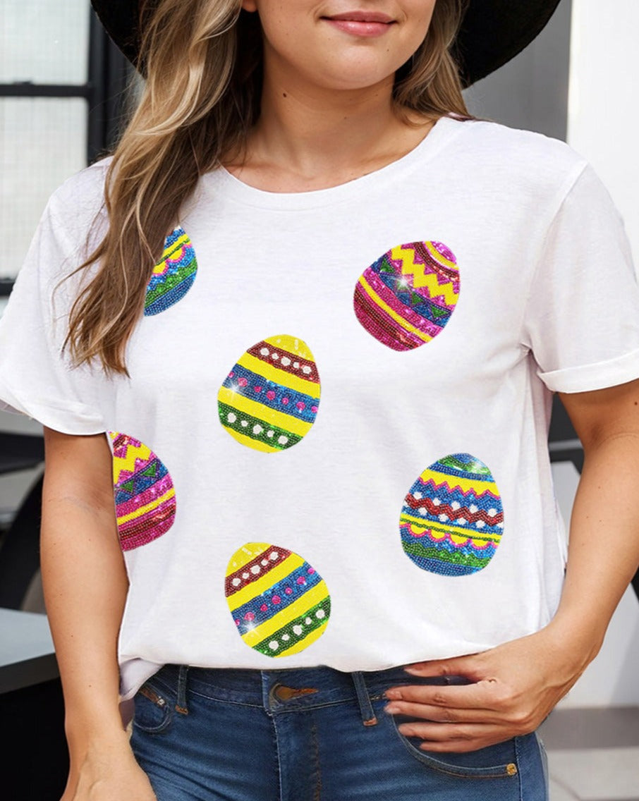 Sequin Easter Egg Graphic T Shirt, 1XL-3XL, two color choices