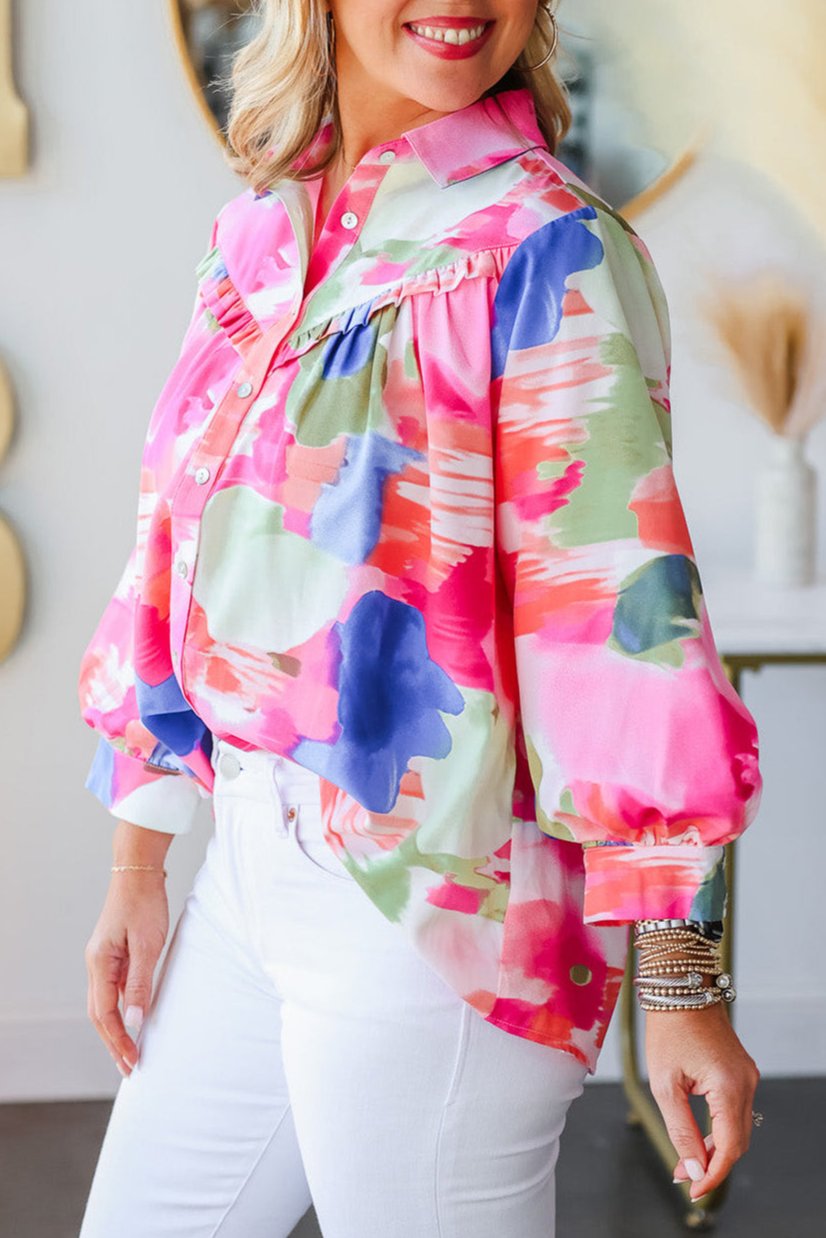 Abstract Printed Lantern Sleeve Frilled Button Front Collared Shirt, S-XL