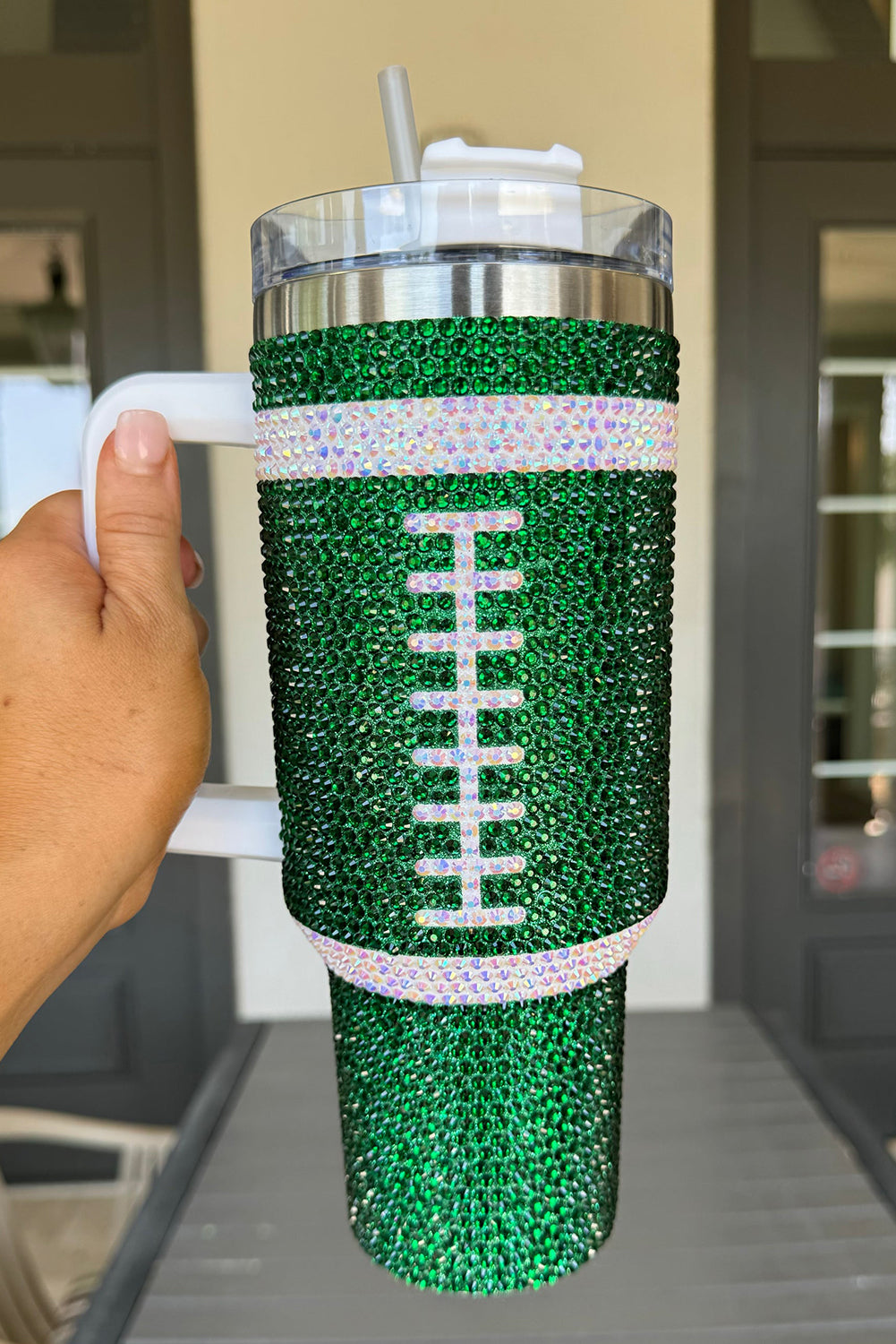 Green Rhinestone Football Tumbler, 40oz