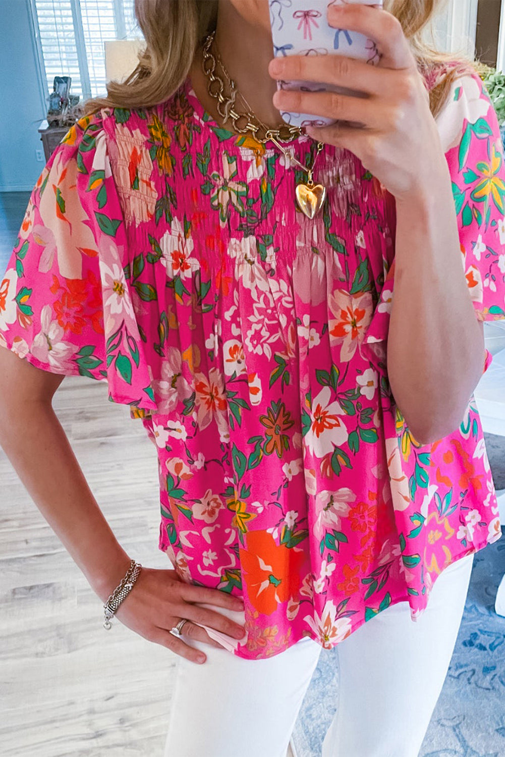 Floral Short Sleeve Smocked Blouse, S-XL