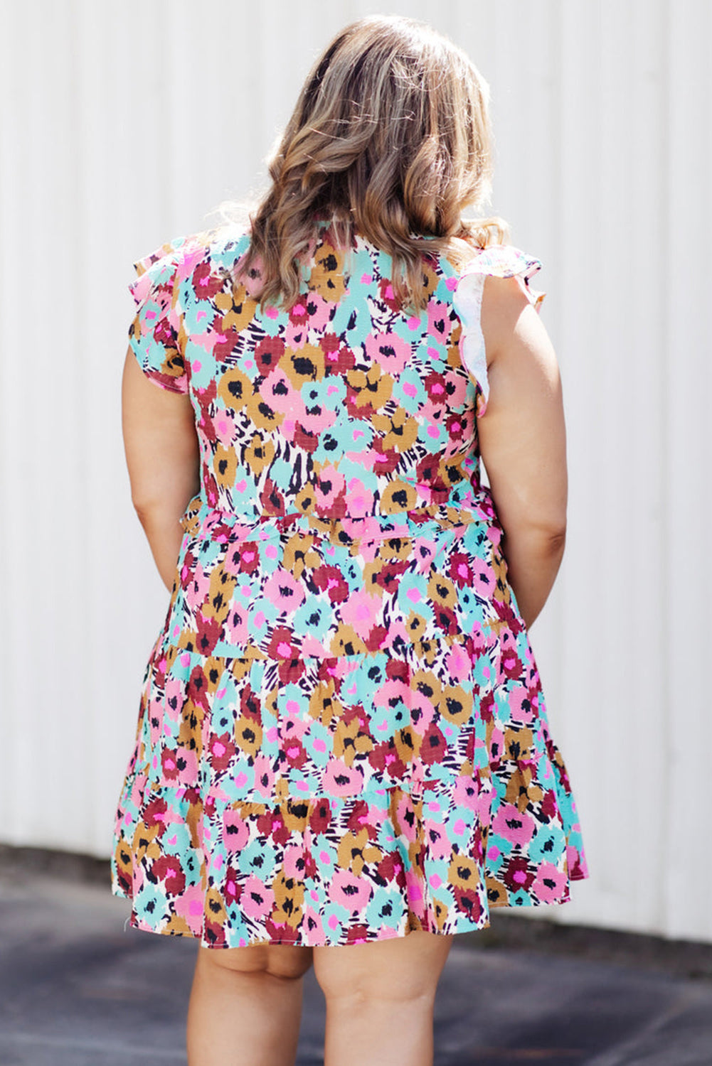 Red Floral Ruffled Cap Sleeve Mini Dress, 1XL-3XL