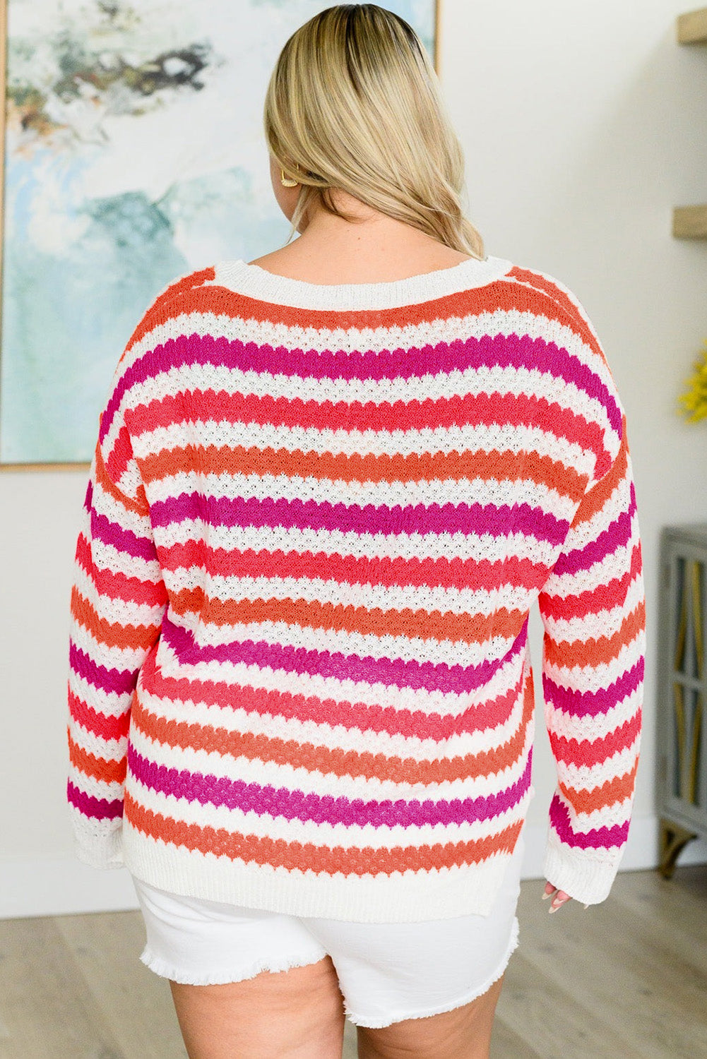 Stripe V Neck Drop Shoulder Sweater, 1XL-3XL