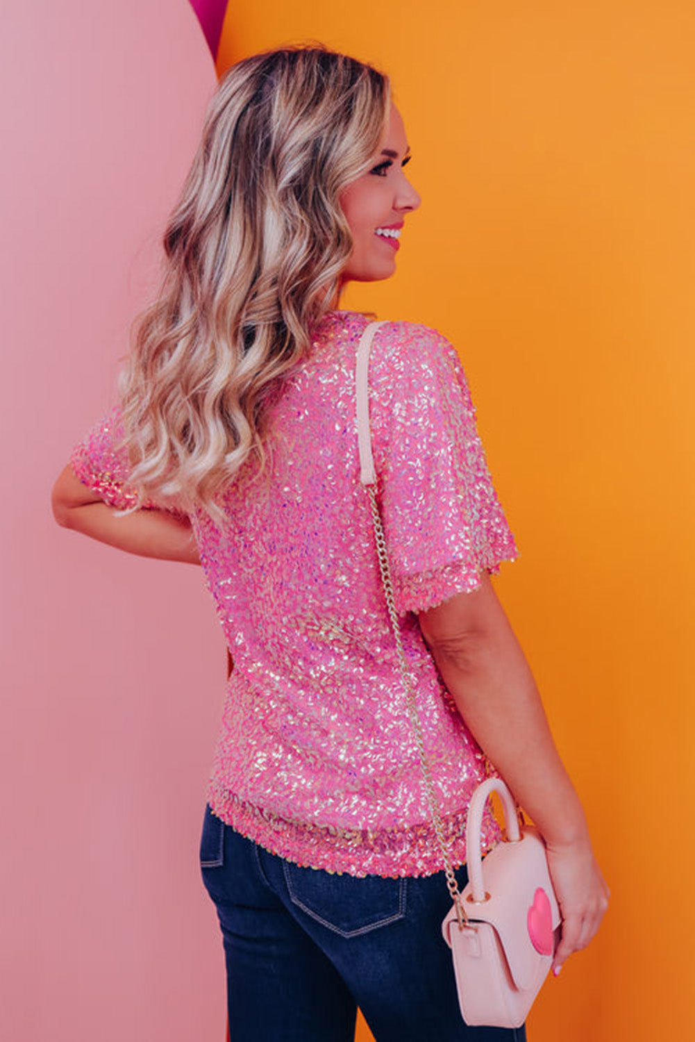 V Neck Wide Sleeve Sequin Top, S-XL