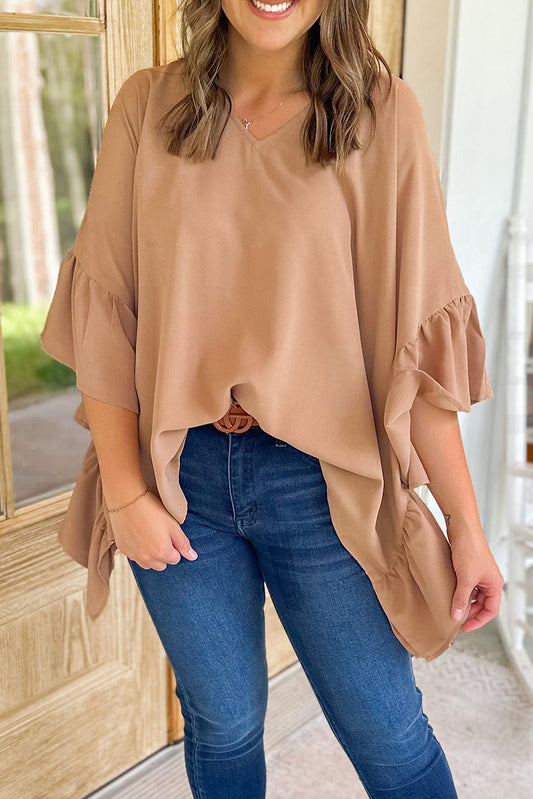 Ruffled Batwing Sleeve V Neck Blouse, 1XL-3XL