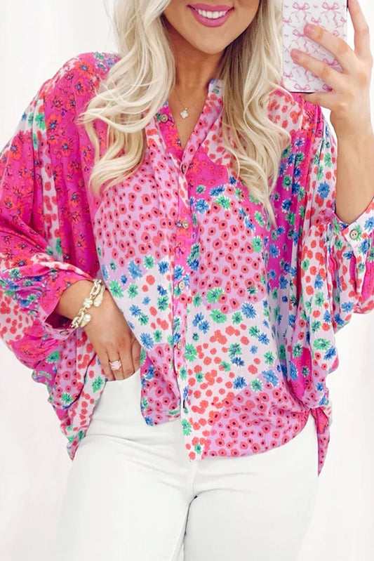 Floral Print Buttoned V Neck Oversized Shirt, S-XL