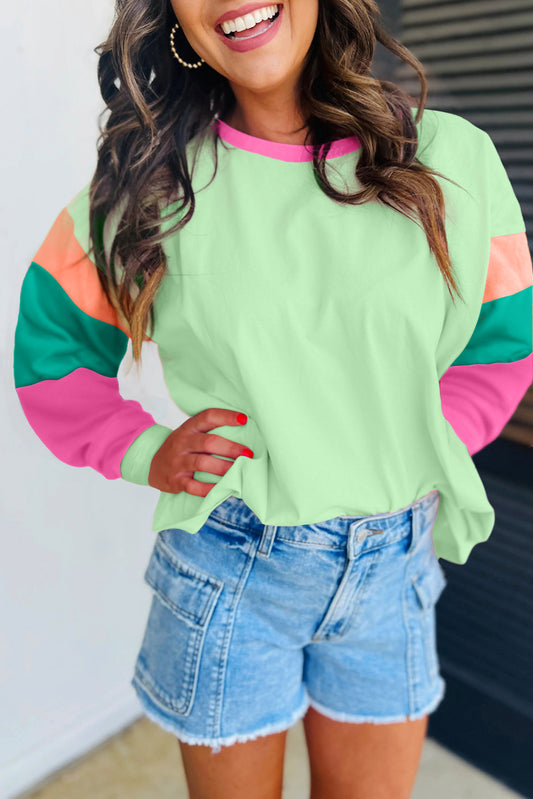 Colorblock Patchwork Long Sleeve Loose Top, S-2XL