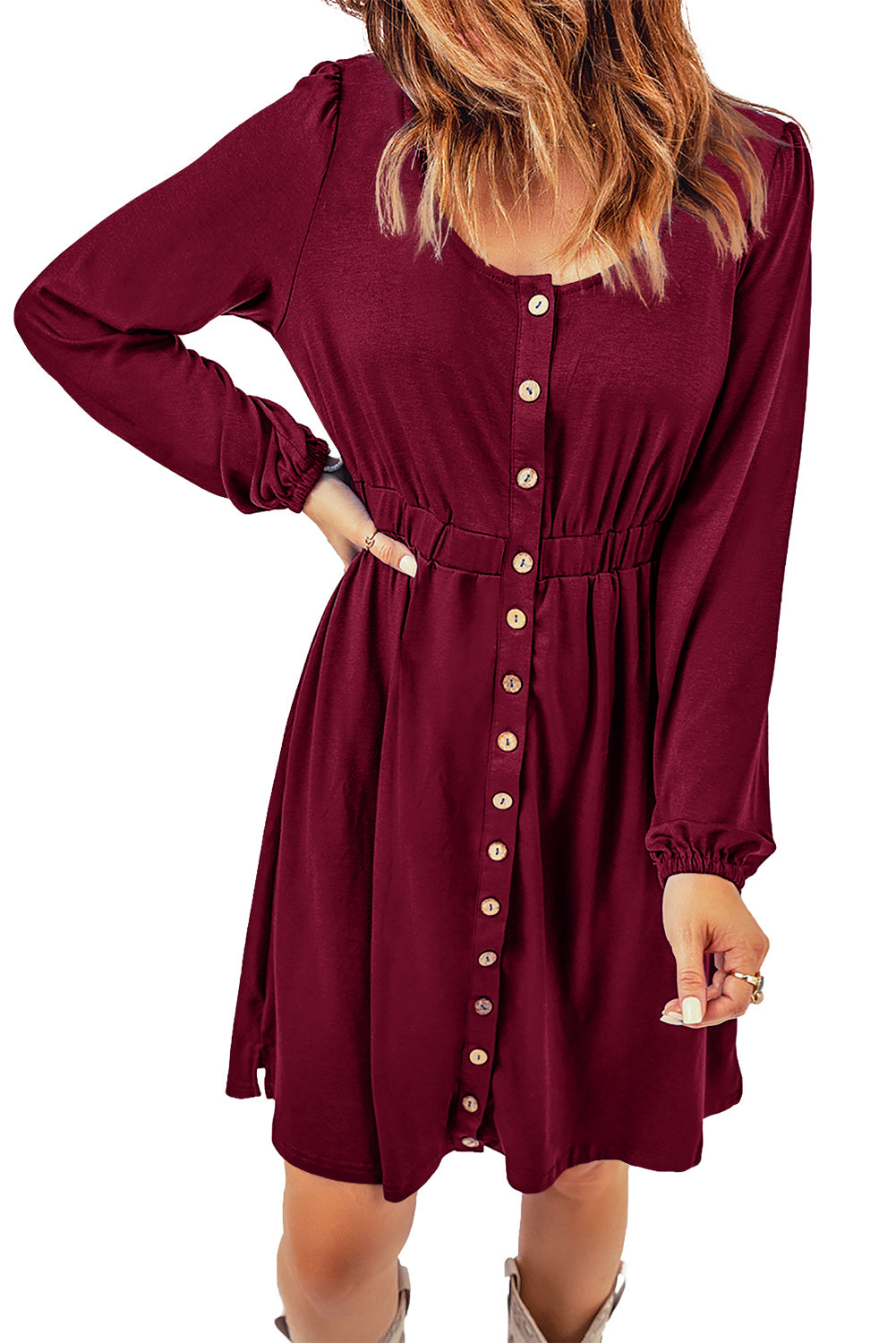 Button Up High Waist Long Sleeve Dress, S-2XL, Several color choices!