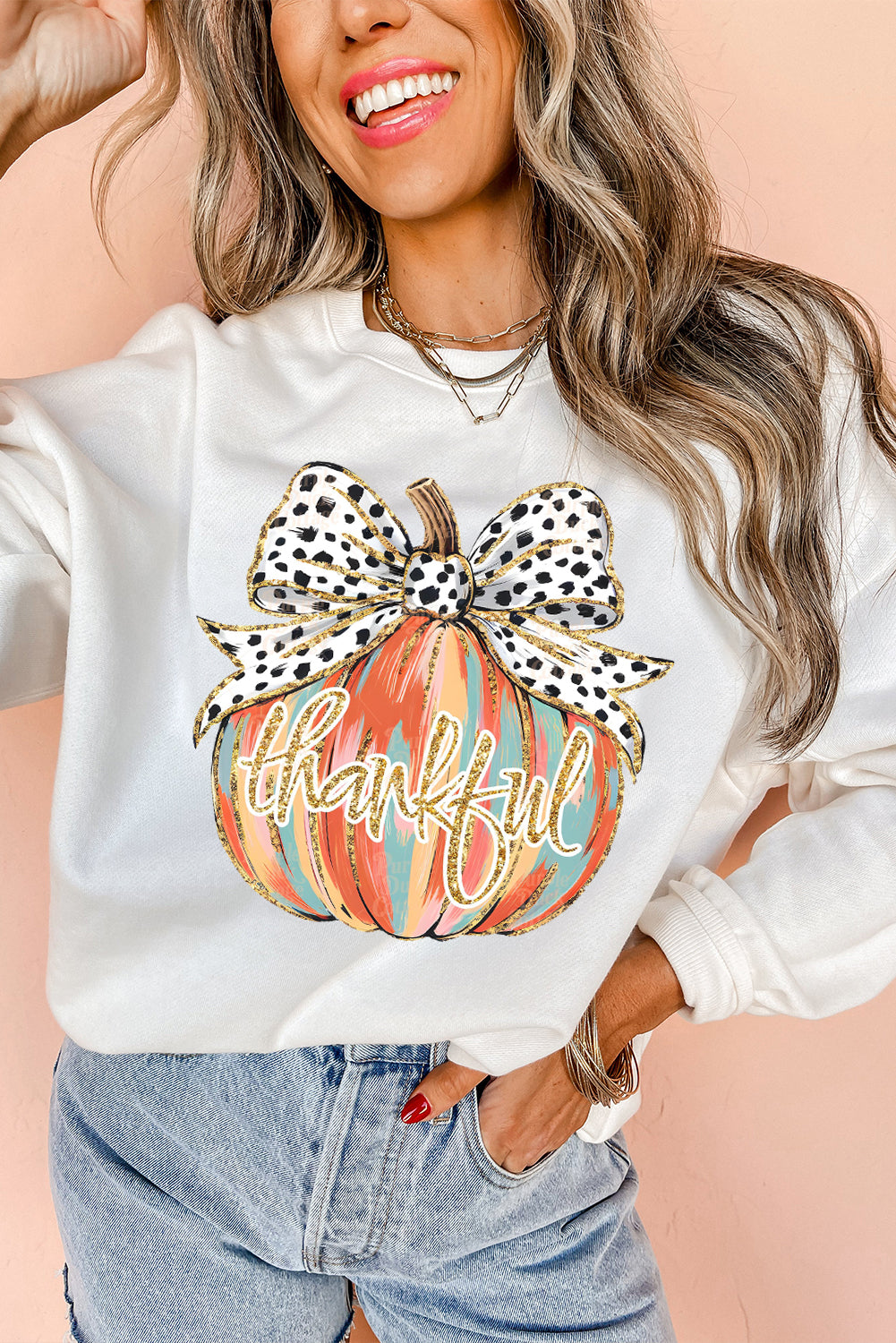 Polka Dot Bow Knot Pumpkin Print Thanksgiving Sweatshirt, S-2XL