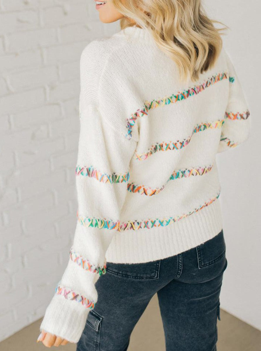 Colorful Crossed Stitch Drop Shoulder Sweater, S-2XL