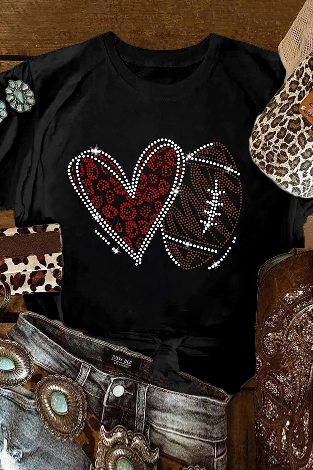 Rhinestone Football Heart Shape Graphic Crewneck T Shirt, S-2XL