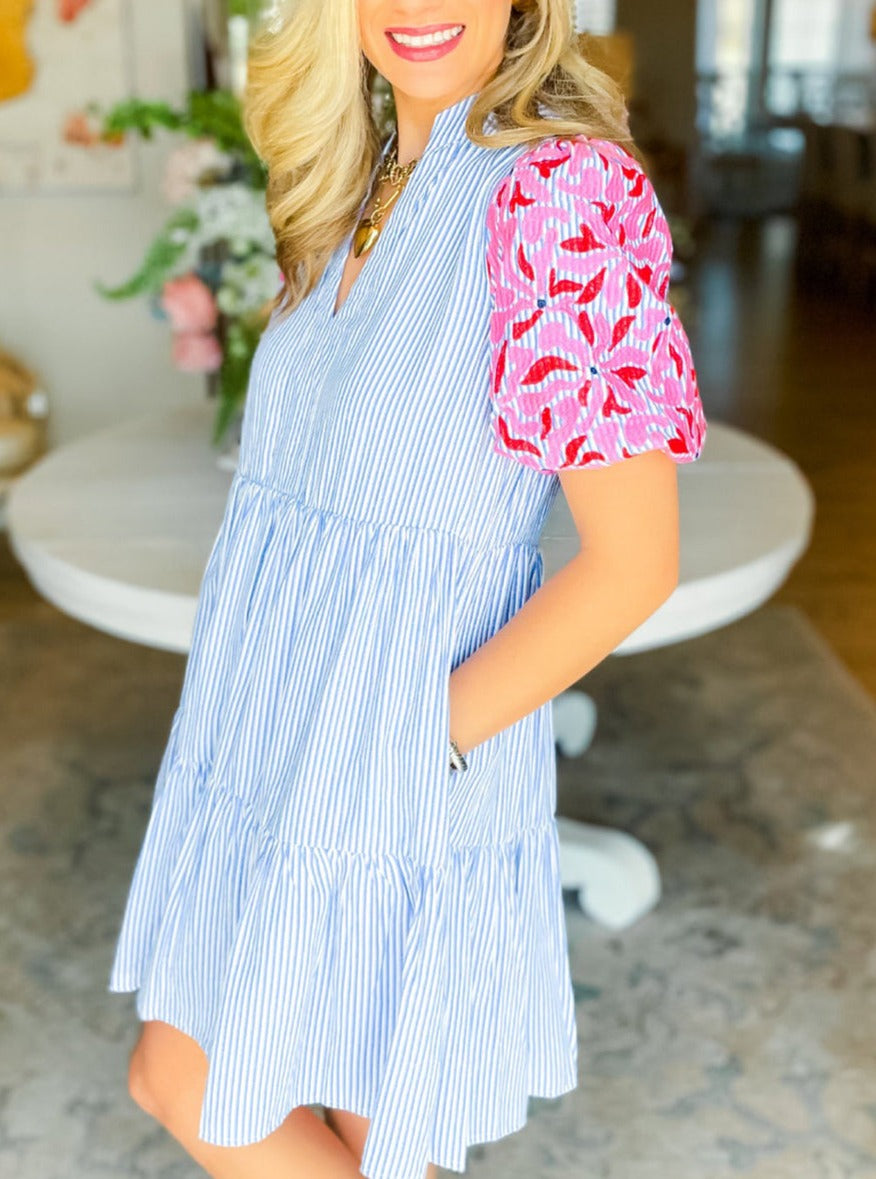 Stripe Contrast Floral Puff Sleeve Tiered Ruffle Dress, S-2XL