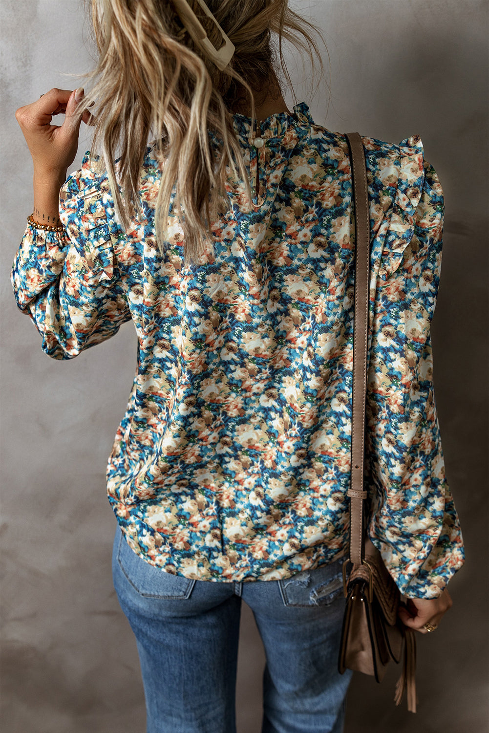 Floral Print Frilled Mock Neck Puff Sleeve Blouse, S-XL