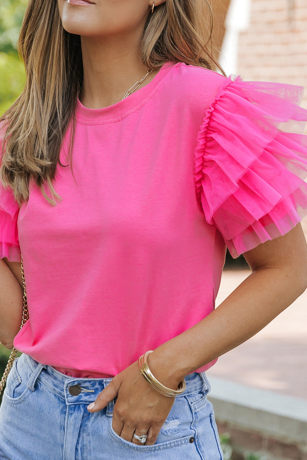 Tulle Ruffle Sleeve Blouse, S-2XL, three color choices