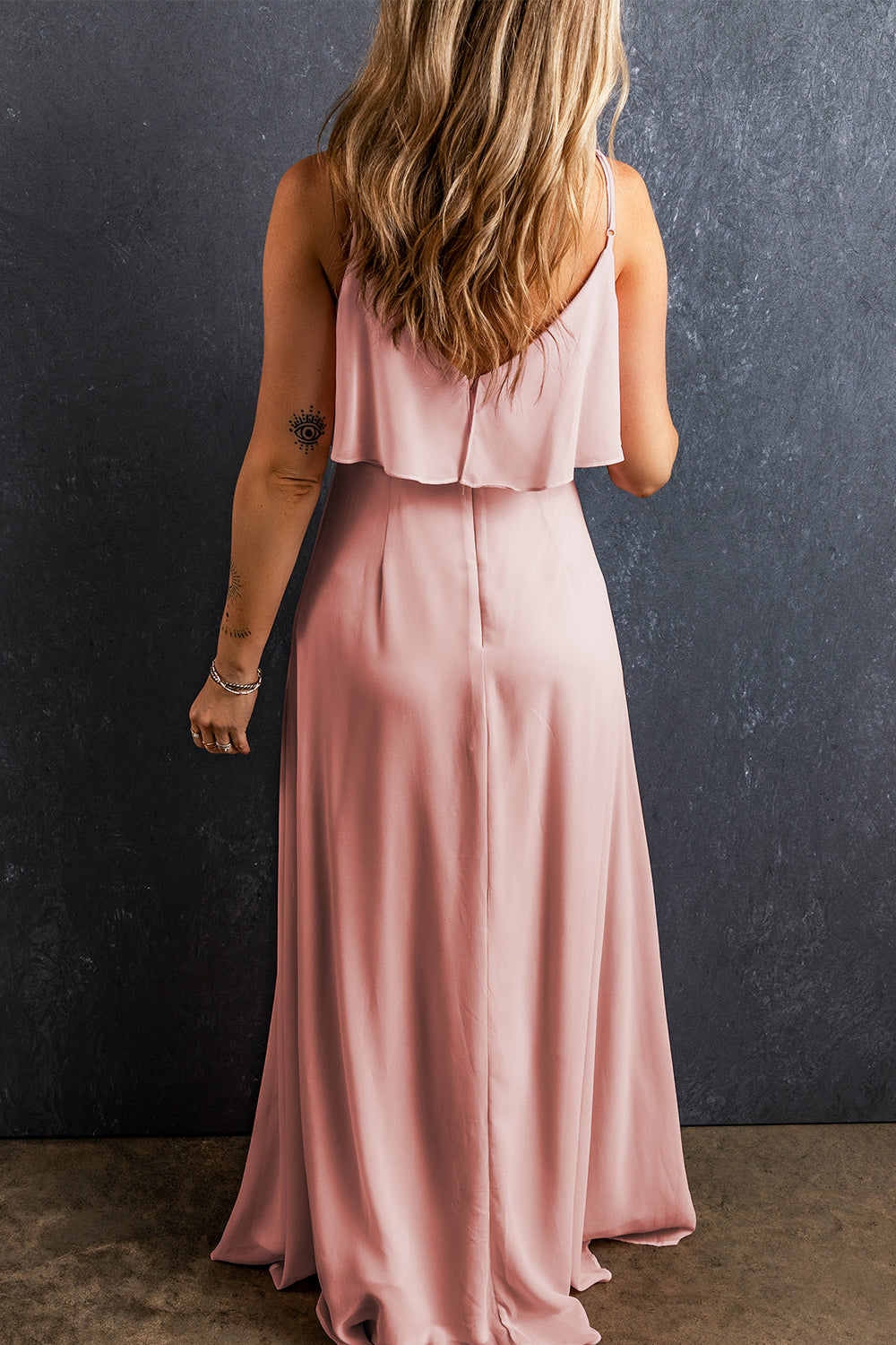 Spaghetti Straps V Neck Ruffled Split Long Dress, S-2XL