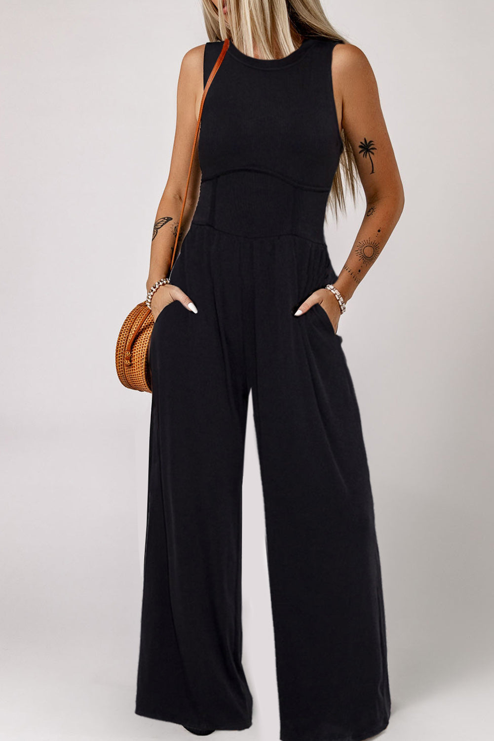 Cinched Waist Sleeveless Wide Leg Jumpsuit, S-XL