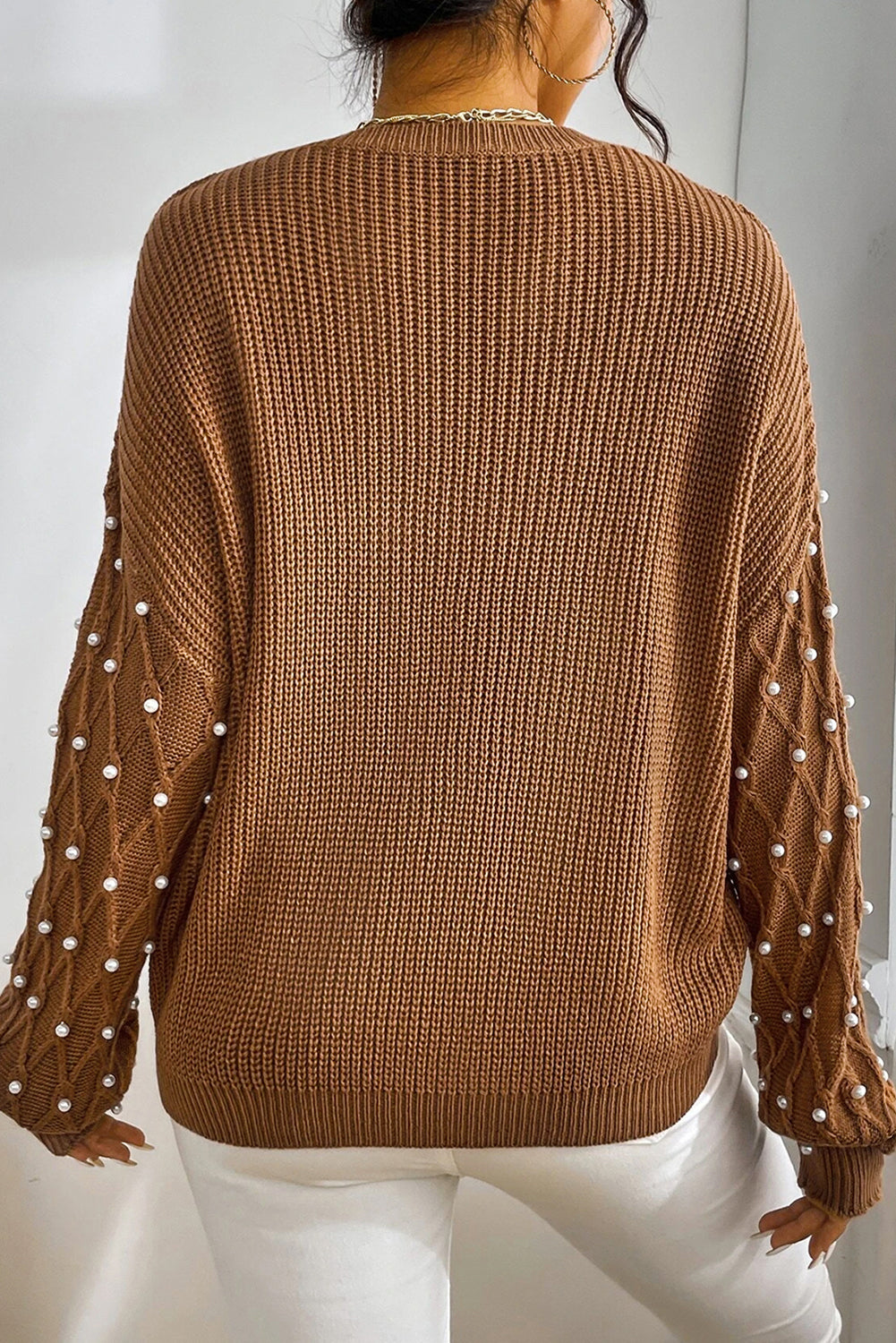 Beaded Drop Shoulder Round Neck Sweater, S-XL