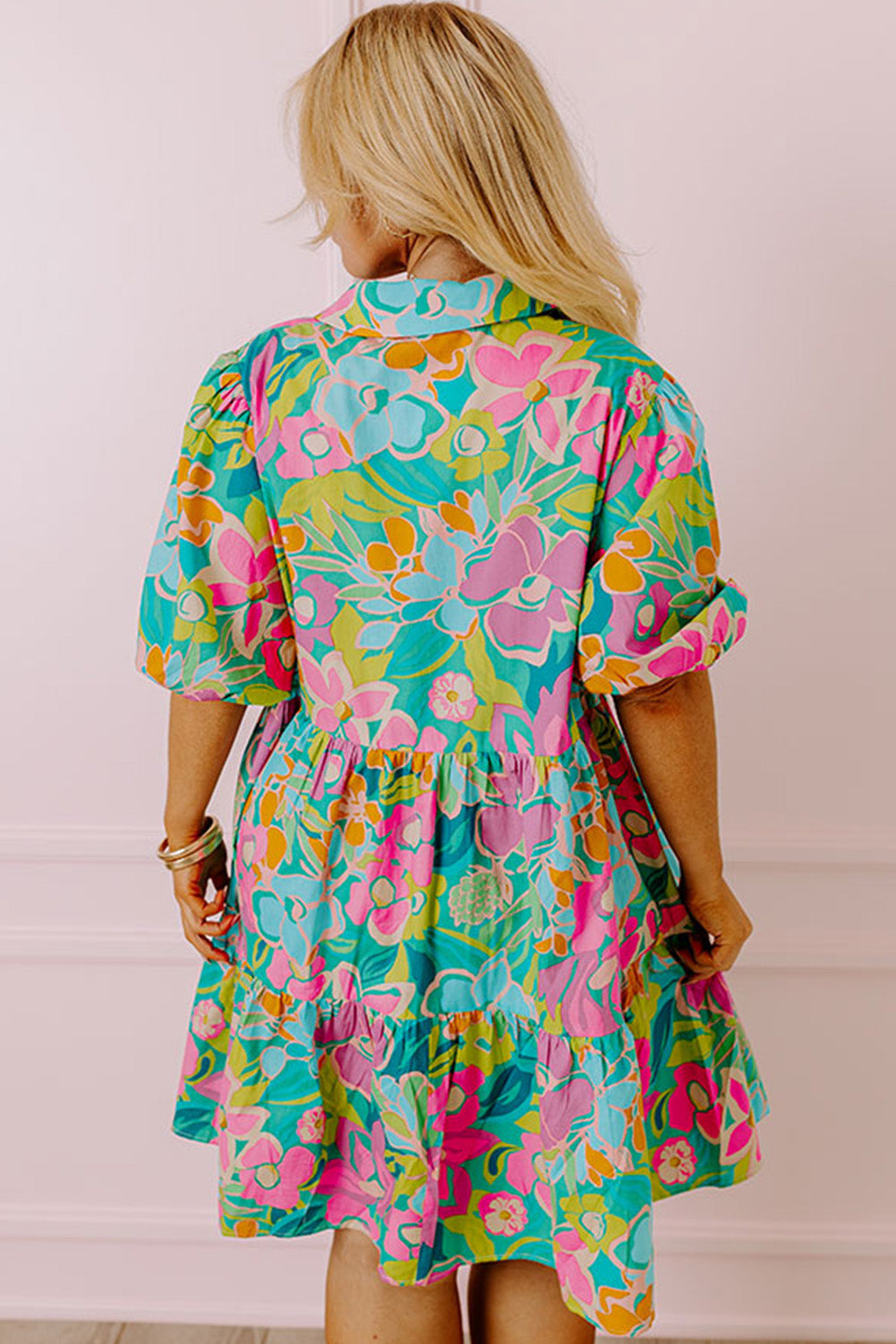 Floral Print Puff Sleeve Tiered Shirt Dress, 1XL-3XL