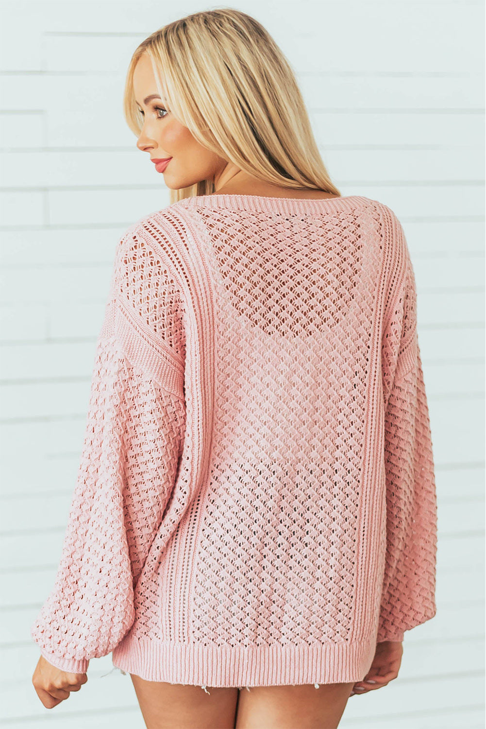 Pink Loose Pointelle Knit Ribbed V Neck Sweater, S-XL