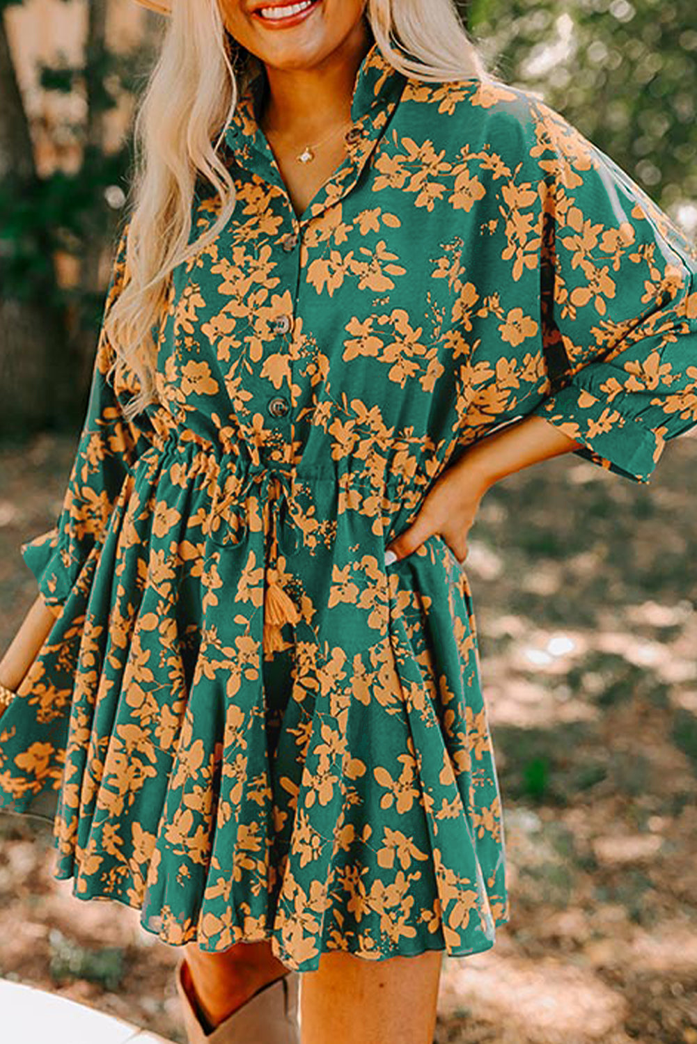 Green Floral Print Drawstring Tunic Flowy Short Dress, S-XL