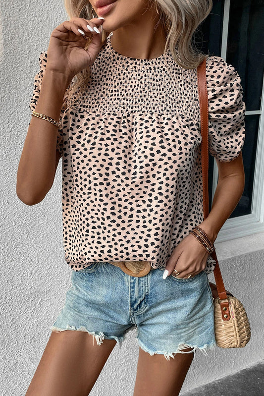 Leopard Shirred Round Neck Puff Sleeve Blouse, S-XL