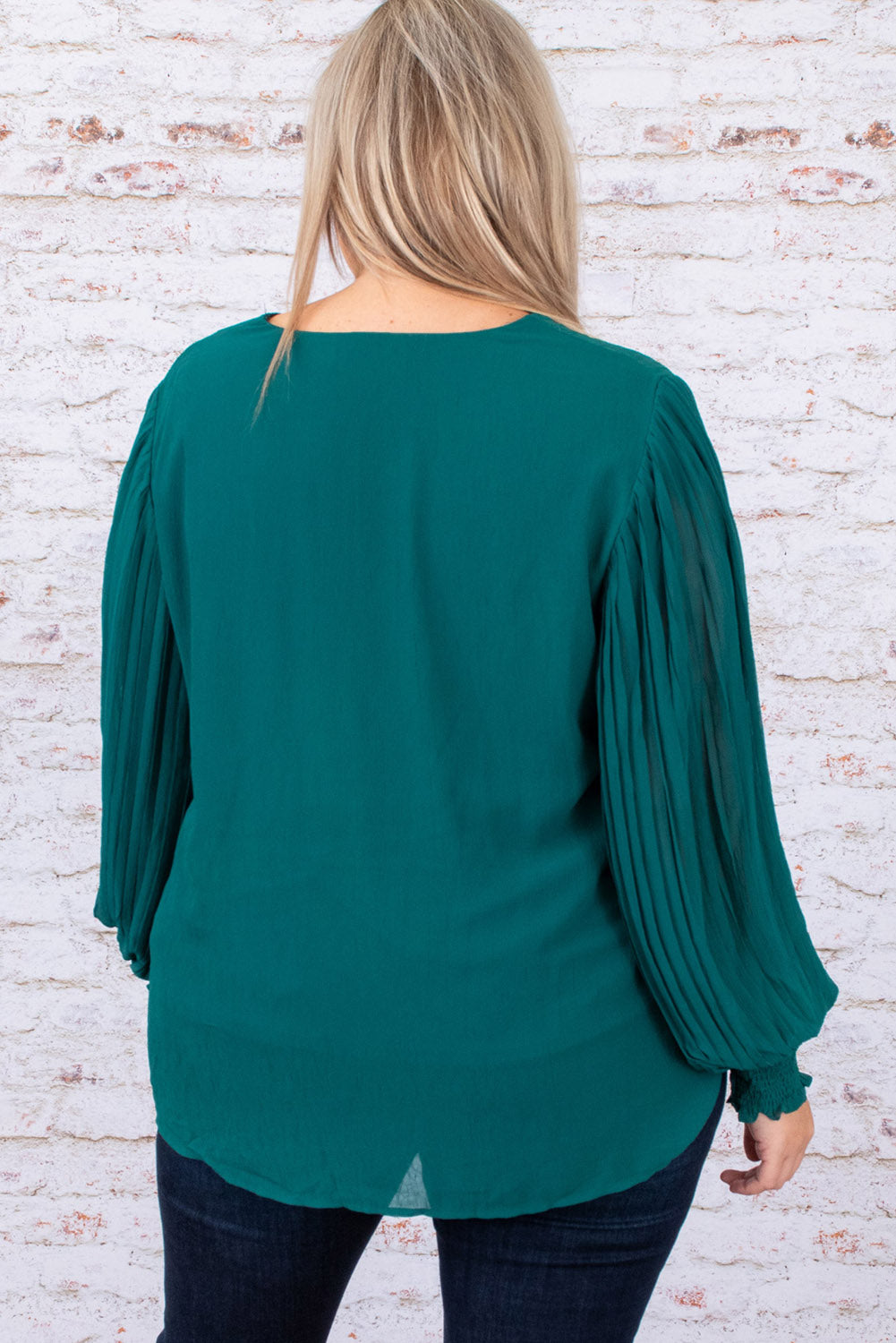 Green Pleated Bubble Sleeve Blouse, 1XL-3XL