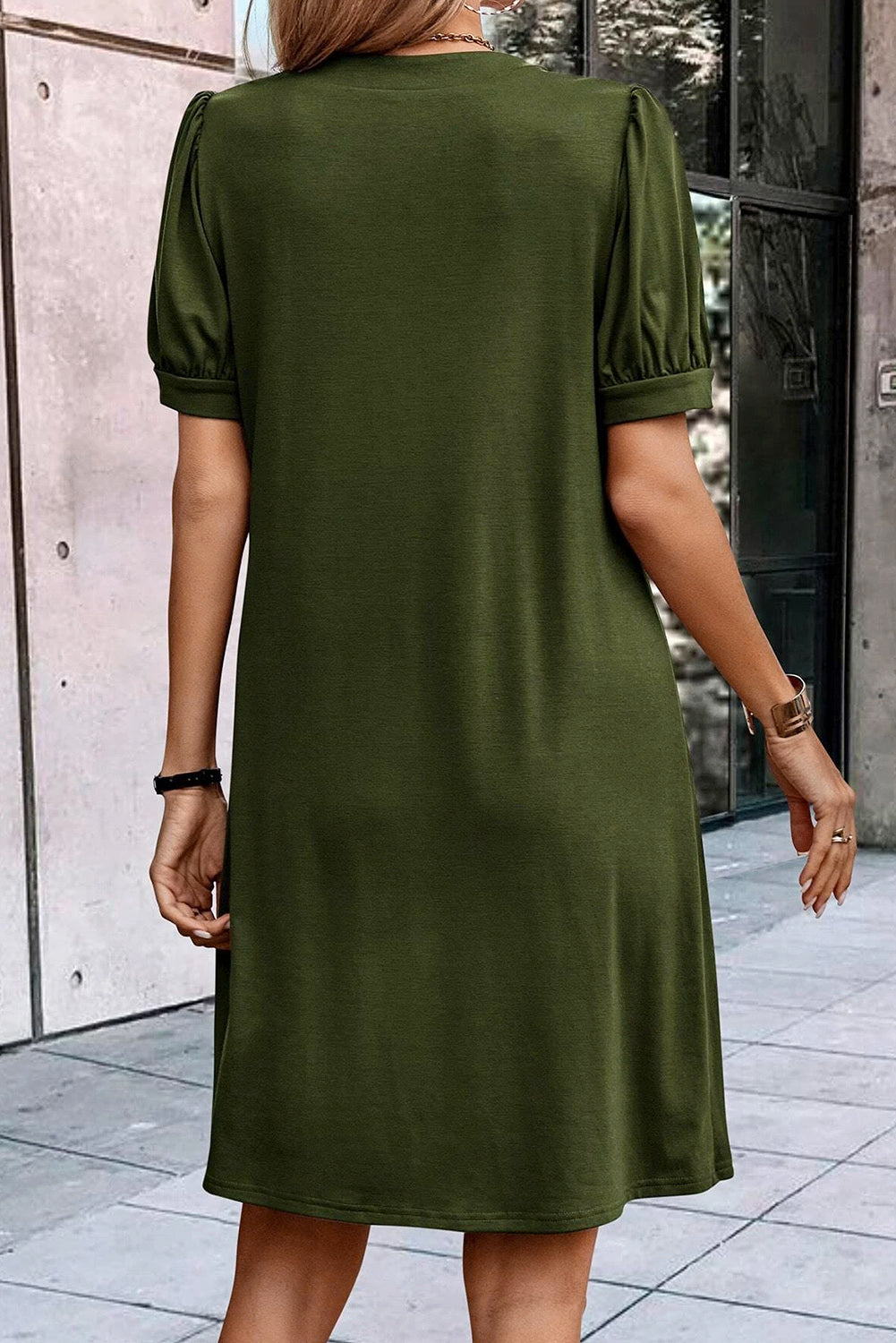 Notched Neck Pleated Puff Sleeve Shift T-shirt Dress, S-XL