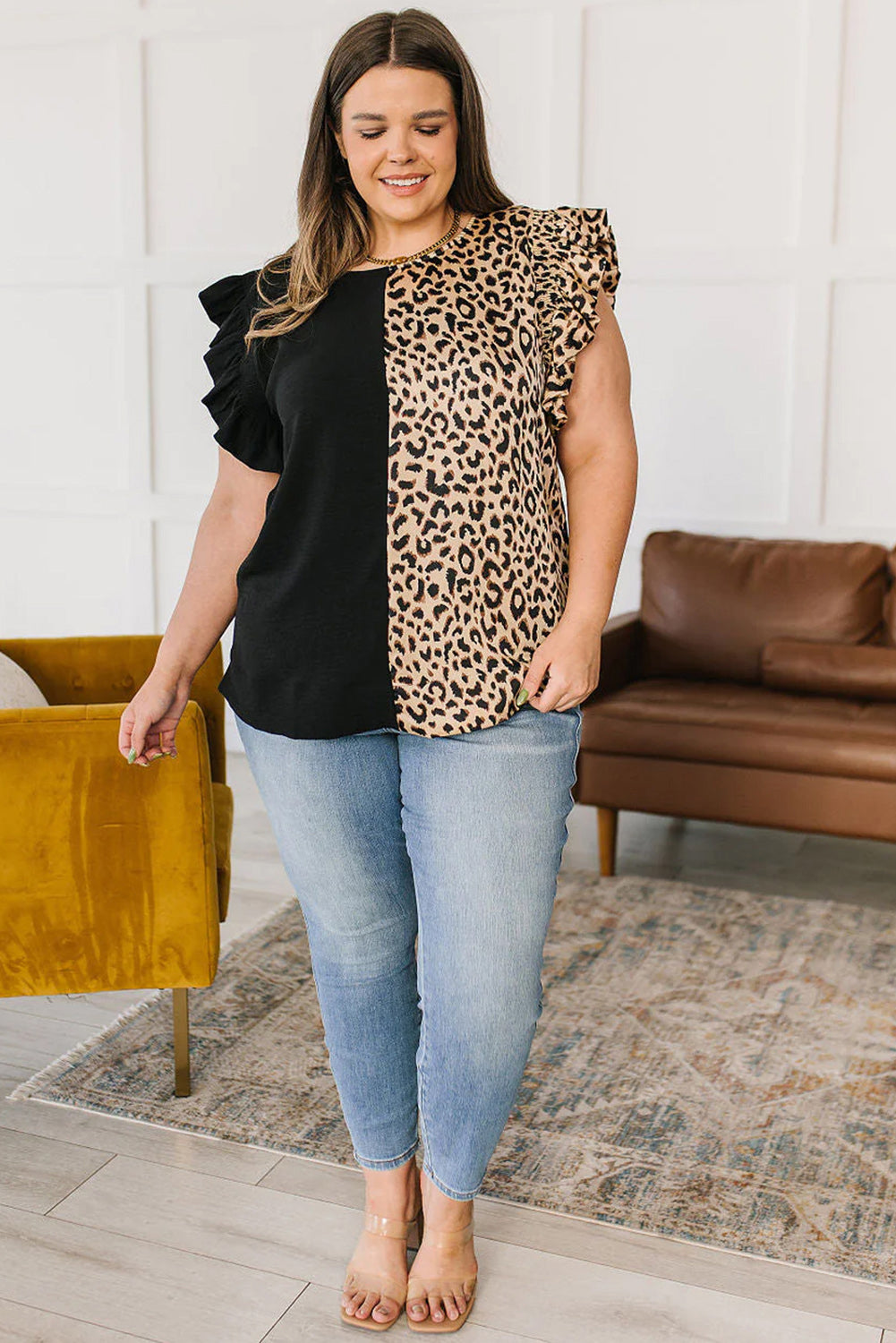 Leopard Contrast Block Flutter Sleeve  Top, 1XL-3XL