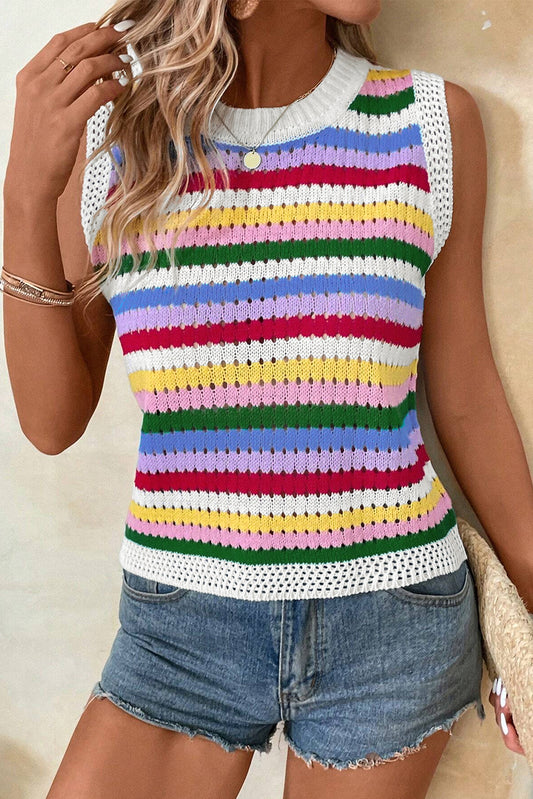 Multicolour Striped Knitted Eyelet Slim Sweater Vest, S-XL