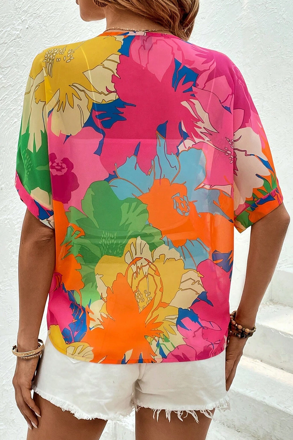 Floral Print Folded Short Sleeve Shirt, S-XL