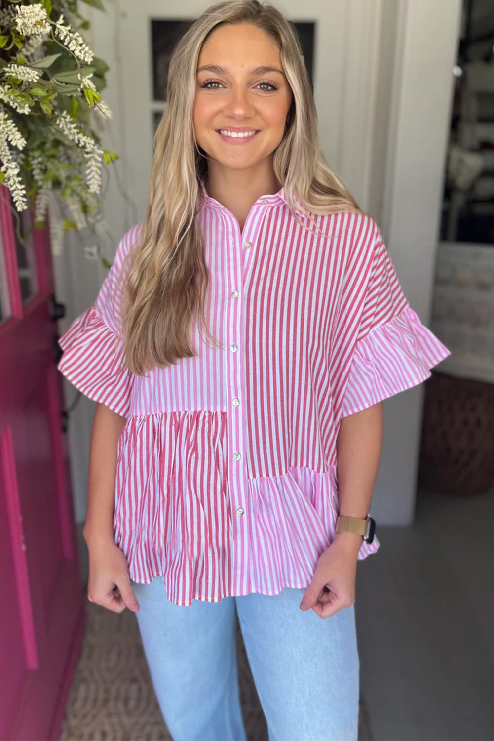 Striped Patchwork Ruffled Hem Button up Shirt, S-XL