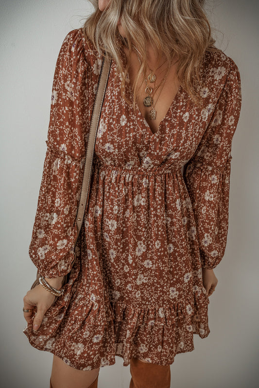 Boho Floral Ruffled Puff Sleeve V Neck Dress, S-XL