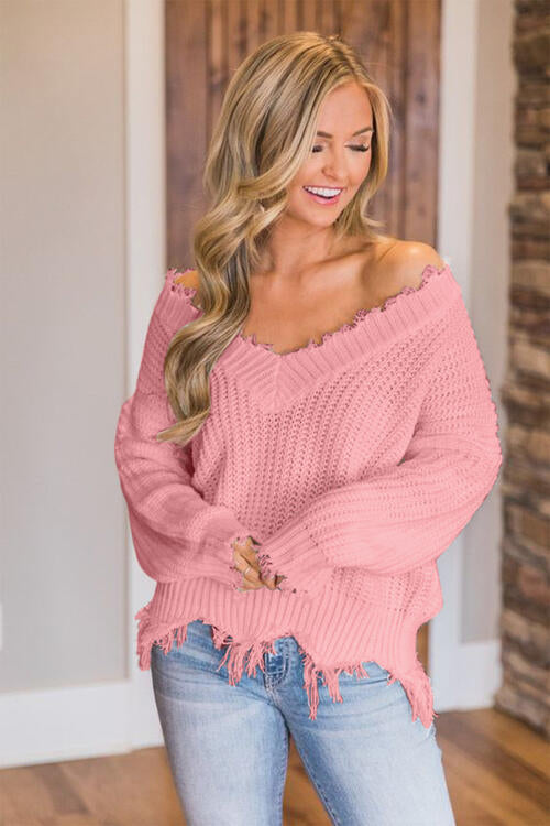 Frayed Hem Dropped Shoulder Sweater, S-2XL, several colors