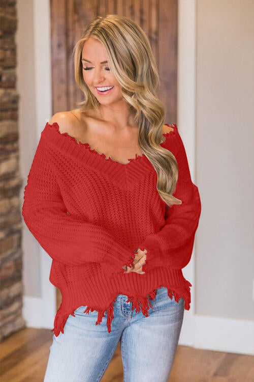 Frayed Hem Dropped Shoulder Sweater, S-2XL, several colors