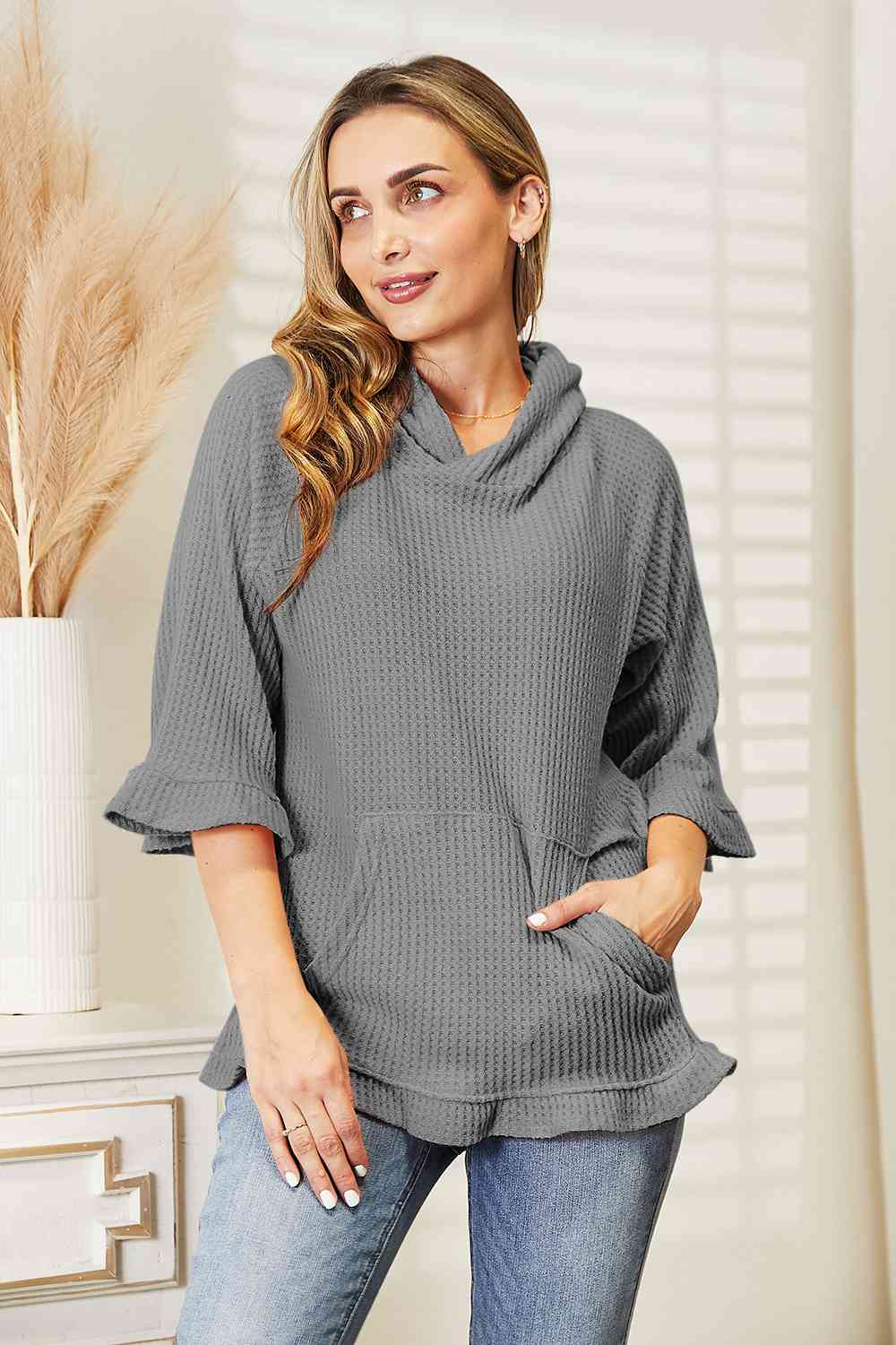 Waffle-Knit Ruffle Hem Hoodie, S-3XL, several color choices