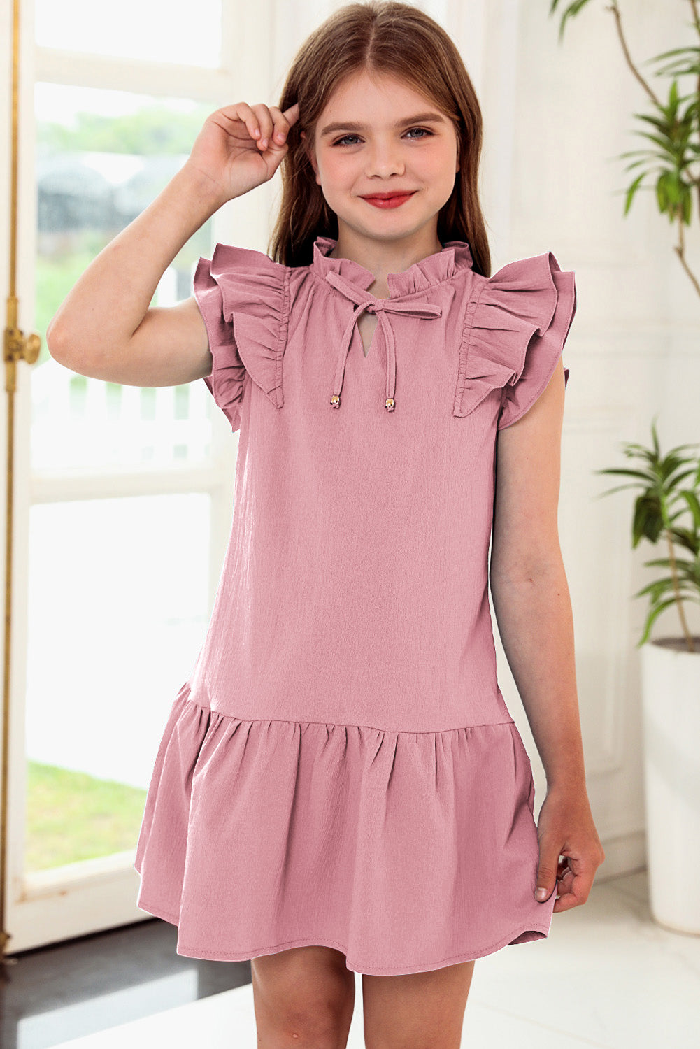 Girls Tie Neck Flutter Sleeve Dress, several color choices