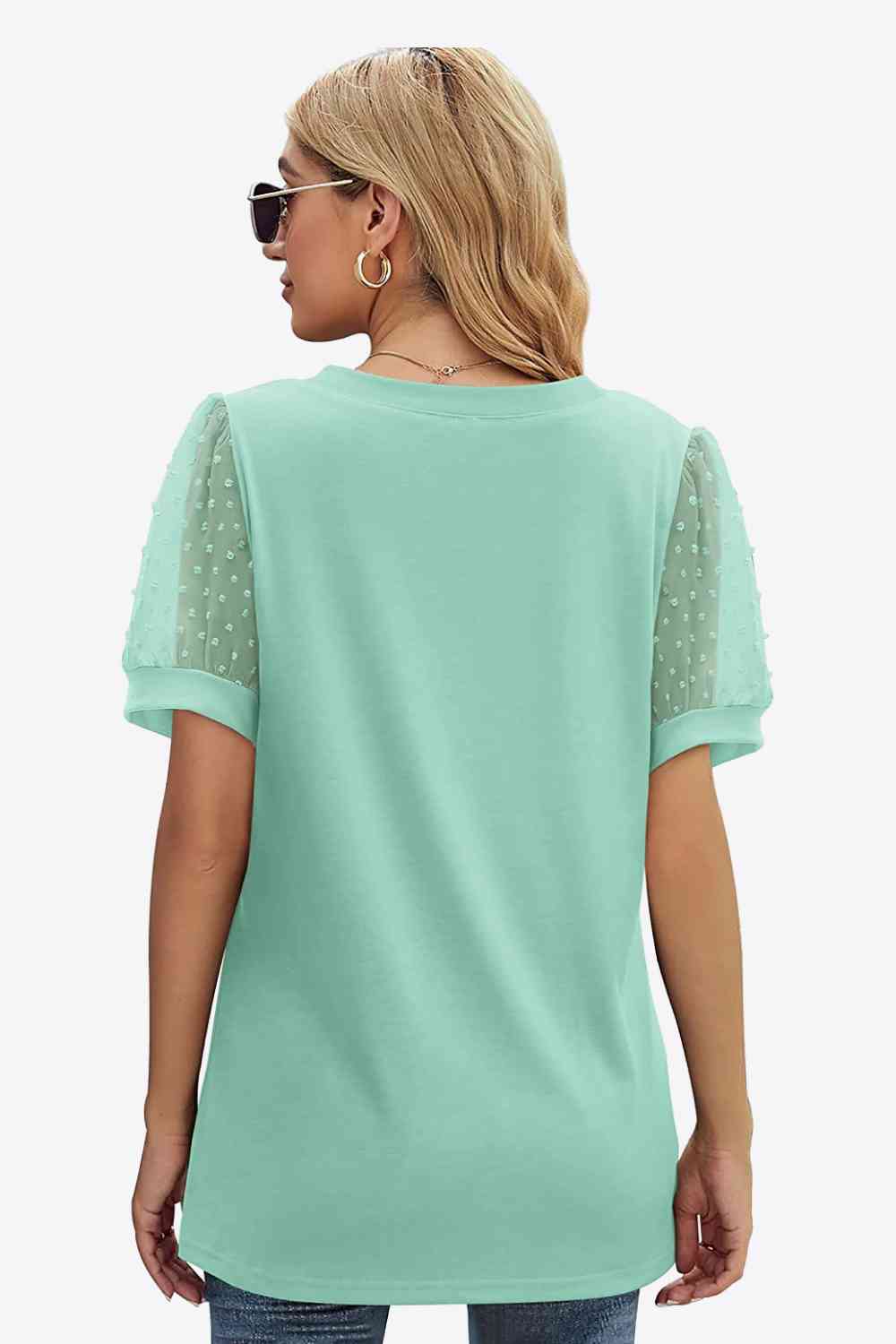 Swiss Dot Puff Sleeve V-Neck Tee, S-2XL, several color choices