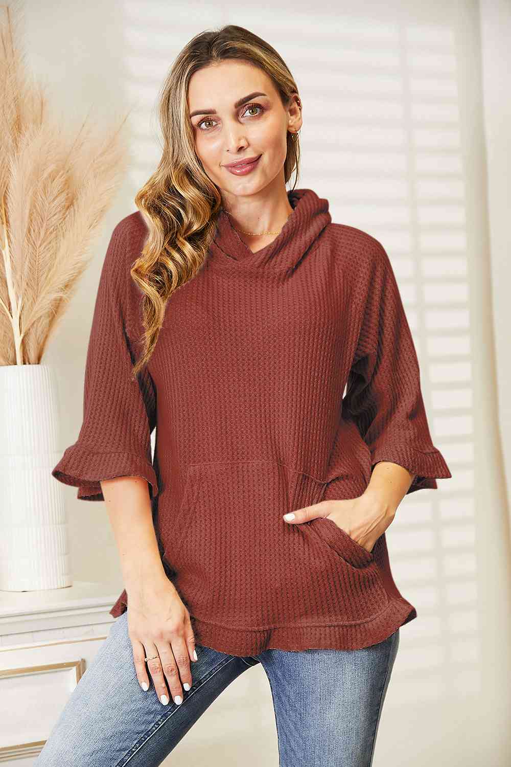 Waffle-Knit Ruffle Hem Hoodie, S-3XL, several color choices