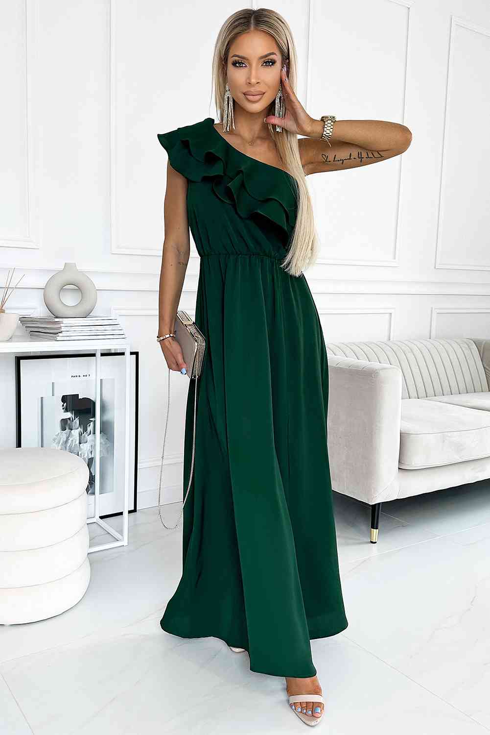 One-Shoulder Ruffled Maxi Dress, S-XL