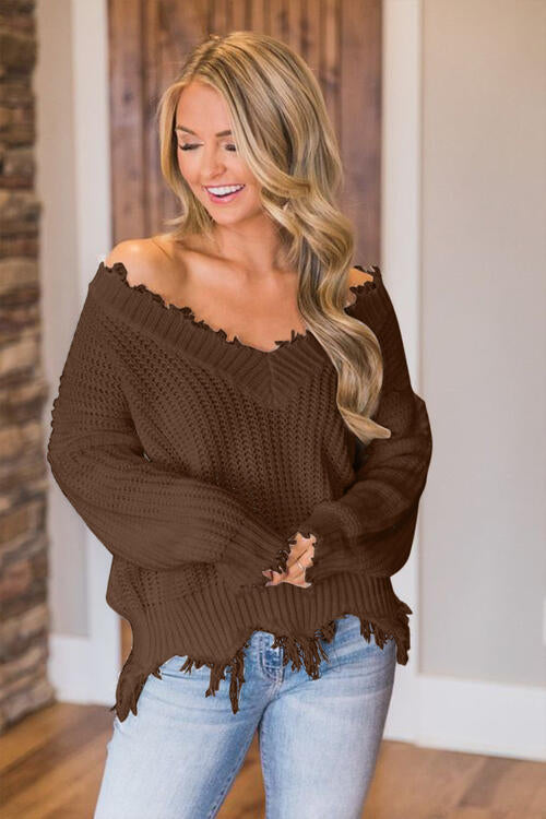 Frayed Hem Dropped Shoulder Sweater, S-2XL, several colors