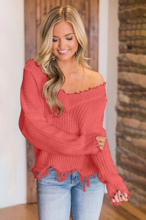 Frayed Hem Dropped Shoulder Sweater, S-2XL, several colors