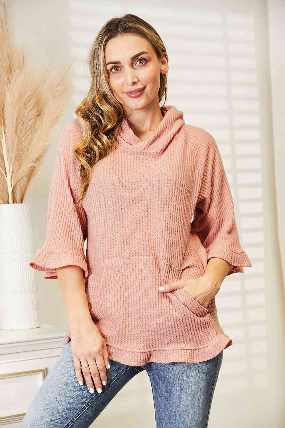 Waffle-Knit Ruffle Hem Hoodie, S-3XL, several color choices